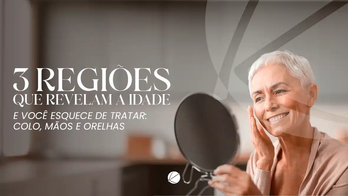 Mulher segurando um espelho: rejuvenescimento do colo, mãos e orelhas